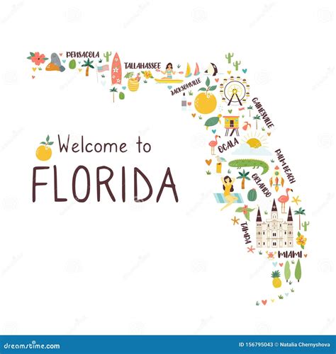 Illustrated Abstract Map Of Florida With Symbols Cartoon Vector