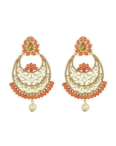 Buy Kord Store Classic Filigree Work Red Stone Gold Plated Chand Bali