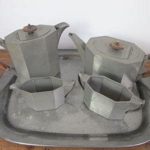Vintage Art Deco English Pewter Five Piece Tea Set Teapot Hot Water Pot Or Coffee Pot Milk