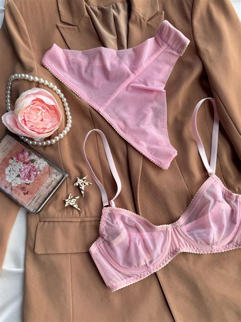 Pink Mesh Lingerie Set Transparent Underwear Transparent Lingerie Pink Underwear Etsy