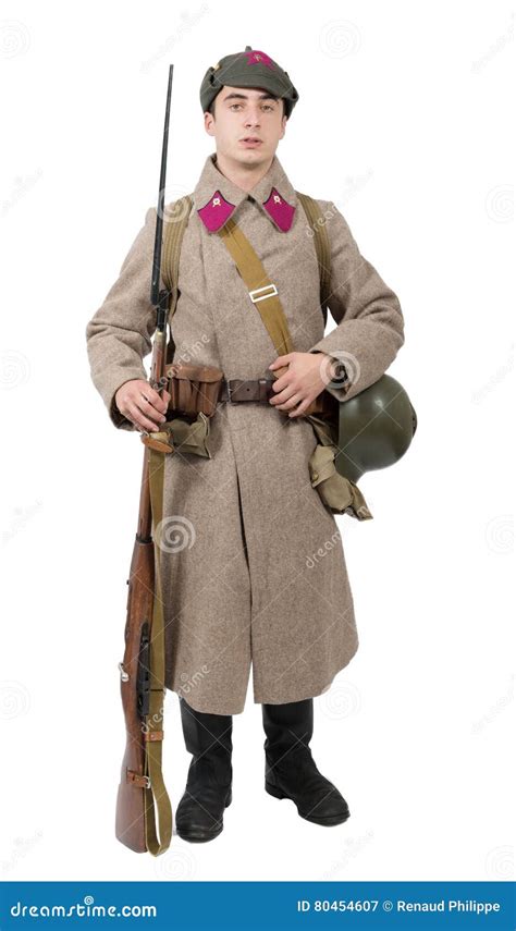 Young Soviet Soldier With Winter Uniform On The White Backgroun Stock