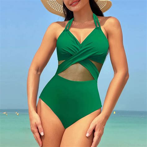 Summer Sling One Piece Bikini Pure Color Mesh Splicing Push Up Triangle Swimsuit Criss Cross