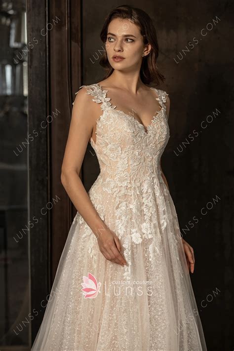 Sequin Lace Tulle Nude Pink Destination Wedding Dress Lunss