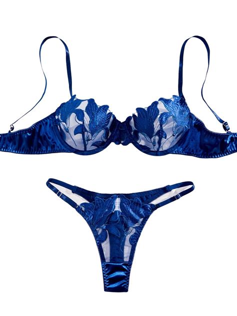 SkyAuks Lingerie For Women Lace Mesh Underwire Bra And Thong Lingerie Set Blue L Walmart