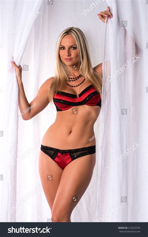 Beautiful Czech Blonde Red Black Lingerie Stock Photo Shutterstock