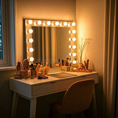 Vanity Mirror with Lights Illuminates a Makeup Table with Various ...