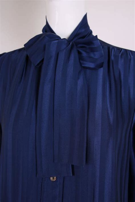 Vintage Yves Saint Laurent Blue Striped Silk Blouse W Pussy Bow At Stdibs