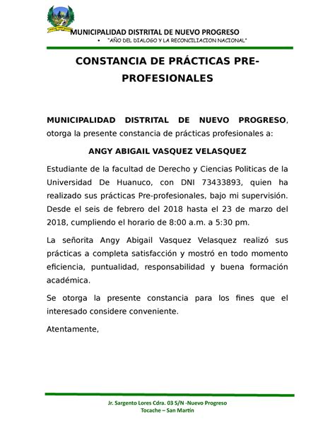 Constancia De Pr Cticas Pre Municipalidad Distrital De Nuevo Progreso