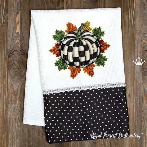 Checkered Pumpkin With Leaves Embroidery Design Royal Present Embroidery