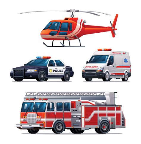 Set of emergency vehicles. Police car, ambulance, fire truck and