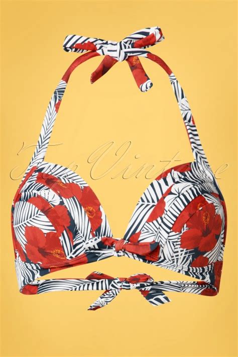 Unique Vintage Monroe Hibiscus Halter Bikini Top Années en Bleu Marine Acheter chez Topvintage