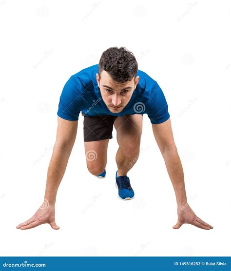 Determined Caucasian Man Runner Standing In Running Position Looking