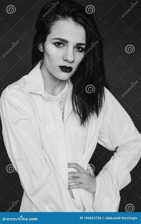Fashion Portrait Of Attractive Brunette Girl Posing In White Shirt Stock Photo Image Of