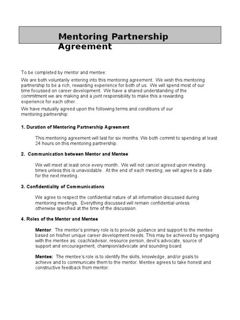 Mentoring Partnership Agreement Mentorship Confidentiality Free