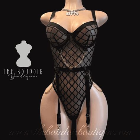 Sexy Black Fishnet Lingerie Bodysuit Women Gothic Harness Bodysuit With Chains Fishnet Mesh