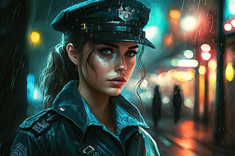 Retrato de una hermosa chica policía en la calle bajo la lluvia por la