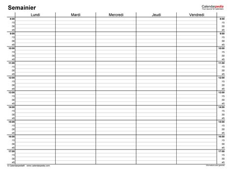 Modèle de calendrier vierge du lundi au vendredi - Observer