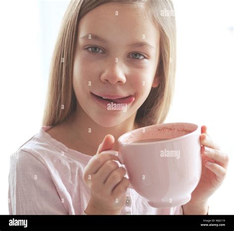 Years Old Girl Drinking Hot Cocoa From The Big Pink Cup Stock Photo
