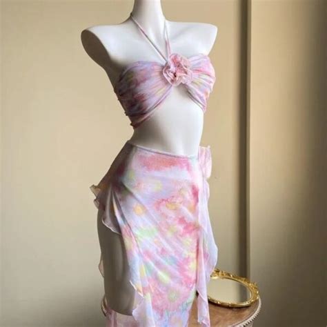 Kawaii Bikini With Long Cover Up Skirt Ruffled