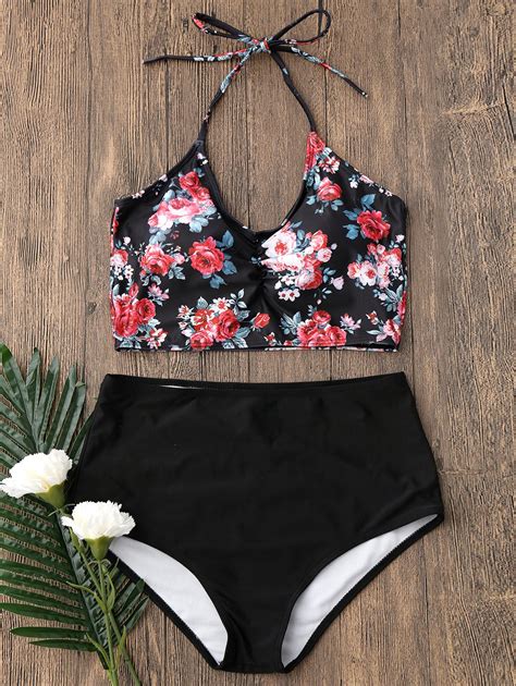 17 OFF Tiny Floral High Waisted Halter Top Bikini Rosegal