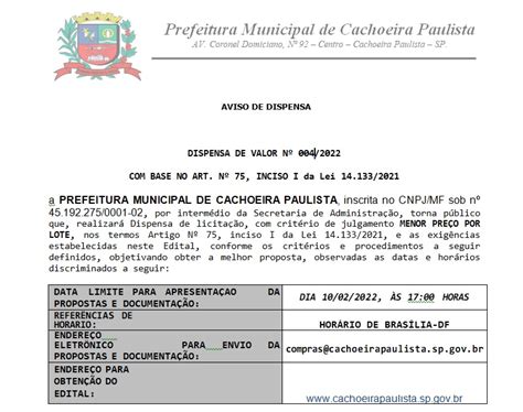 Aviso Dispensa Prefeitura Municipal De Cachoeira Paulista