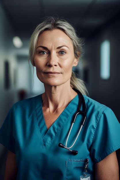 Premium Photo A Woman In A Blue Scrubs Stands In A Hallway With A