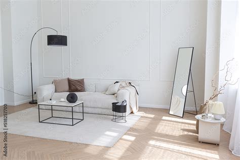 Super White Simple Clean And Stylish Interior With Modern Furniture In Nude Color And