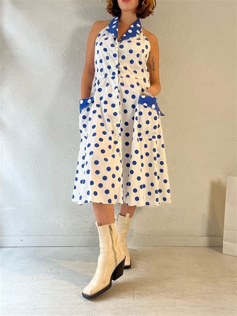 Y2k Collared Polka Dot Midi Dress Large Etsy