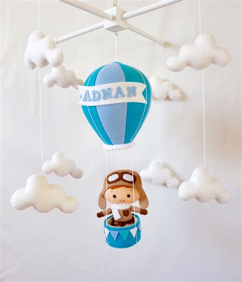 Hot Air Balloon Baby Mobile Personalized Nursery Mobile Pilot Crib Mobile Travel Nursery Cloud