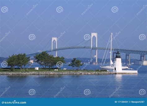 Newport Bridge And Goat Island Lighthouse Stock Image Image Of Island