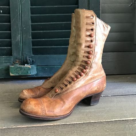 Antique Button Ankle Boots Tan Leather Victorian Era Etsy