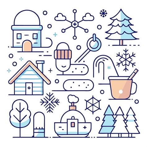 Premium Vector Illustration Of Winter Icons Including A Cabin Snowflake Hot Cocoa And A Hat