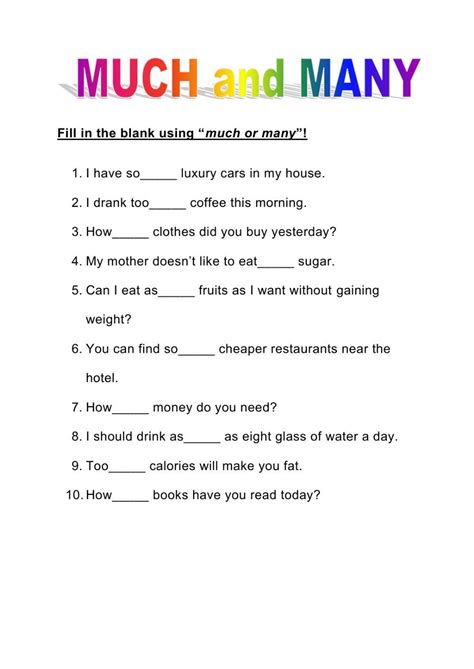 Many - Much Worksheet for English Language Arts