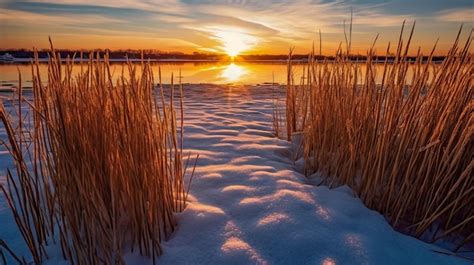 Premium AI Image | A winter sunset over a frozen lake with snow and the ...