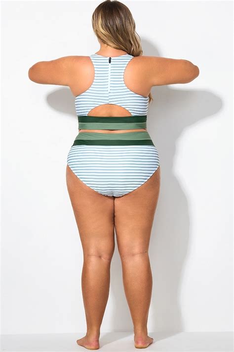 Plus Size Green Striped Patchwork Bikini Bottom Meet Curve Meet Curve