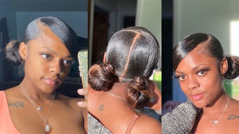 Swoop Ponytail With Two Low Buns Weave Ponytail Hairstyles Slick