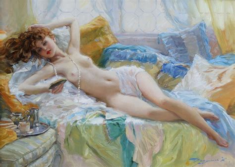 Konstantin Razumov Elegant Reclining Nude Wearing Pearls For Sale At