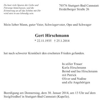 Traueranzeigen Von Gert Hirschmann Zeit Des Gedenkens De