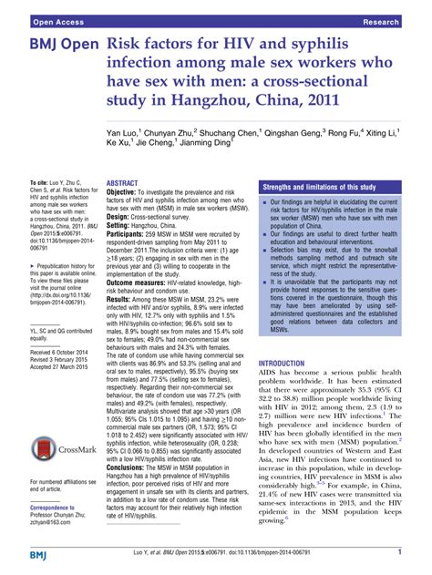 PDF Risk Factors For HIV And Syphilis Infection Among Male Sex Workers Who Have Sex With Men