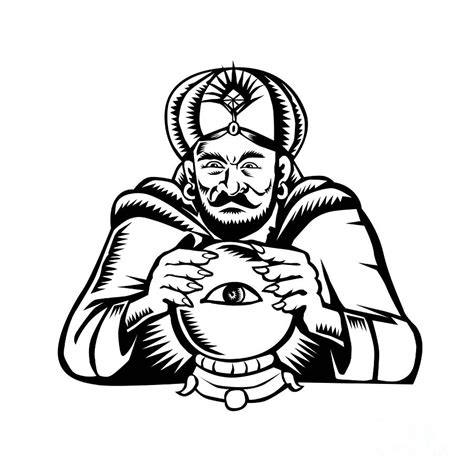 Fortune Teller Eye On Crystall Ball Woodcut Digital Art By Aloysius