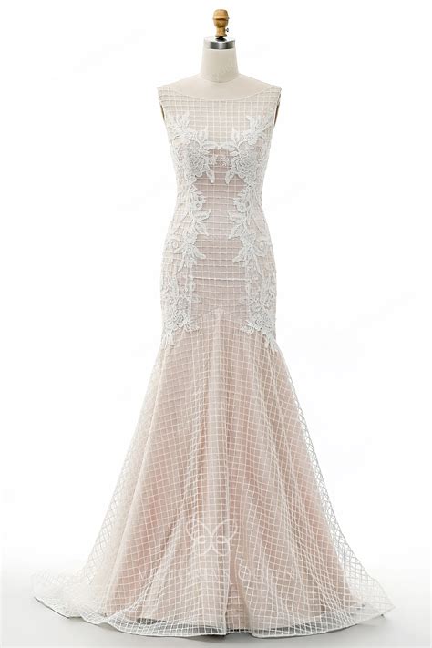 Nude Pink Glitter Sequin Lace Appliqued Mermaid Bridal Dress Vq