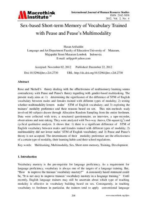 Pdf Sex Based Short Term Memory Of Vocabulary Trained With Pease And