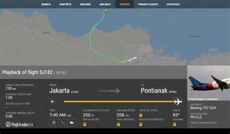 Terekam Flightradar24 Ini Posisi Terakhir Sriwijaya Air SJ182 Yang