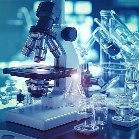 Microscope With Lab Glassware In Modern Medical Laboratorymicroscopes