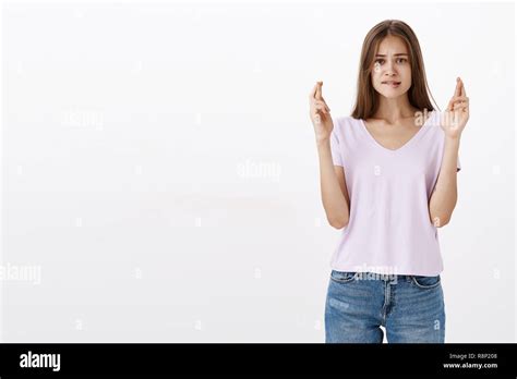 Worried Cute Female Brunette Hoping She Passed Exams To Enter University She Dream About Biting