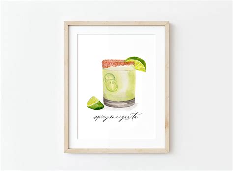 Spicy Margarita Watercolor Painting, Tequila Drink, Jalapeno Margarita