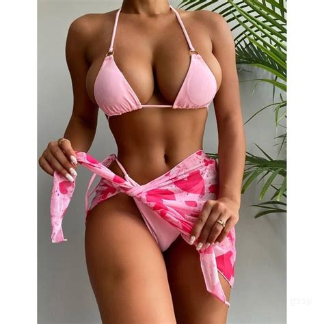 Dylm Mujeres Sexy Tanga Bikini Piezas Halter Tri Ngulo Verano Beachwear Sin Respaldo Traje De