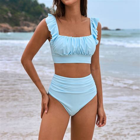 Blue Swim Suits For Women 2025 Women S Flanged Bikini Set With Breast Pad Without Brackets