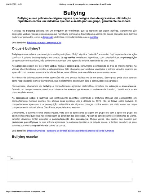 Consequências do Bullying Escolar | PDF | Assédio moral/bullying | Agressão