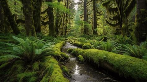 stream     moss covered rainforest  washington state
